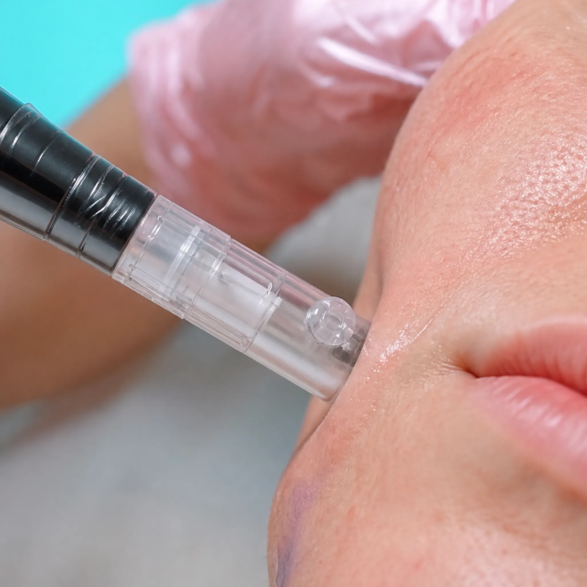 Close-up of the Collagen P.I.N. microneedling device during a professional treatment
